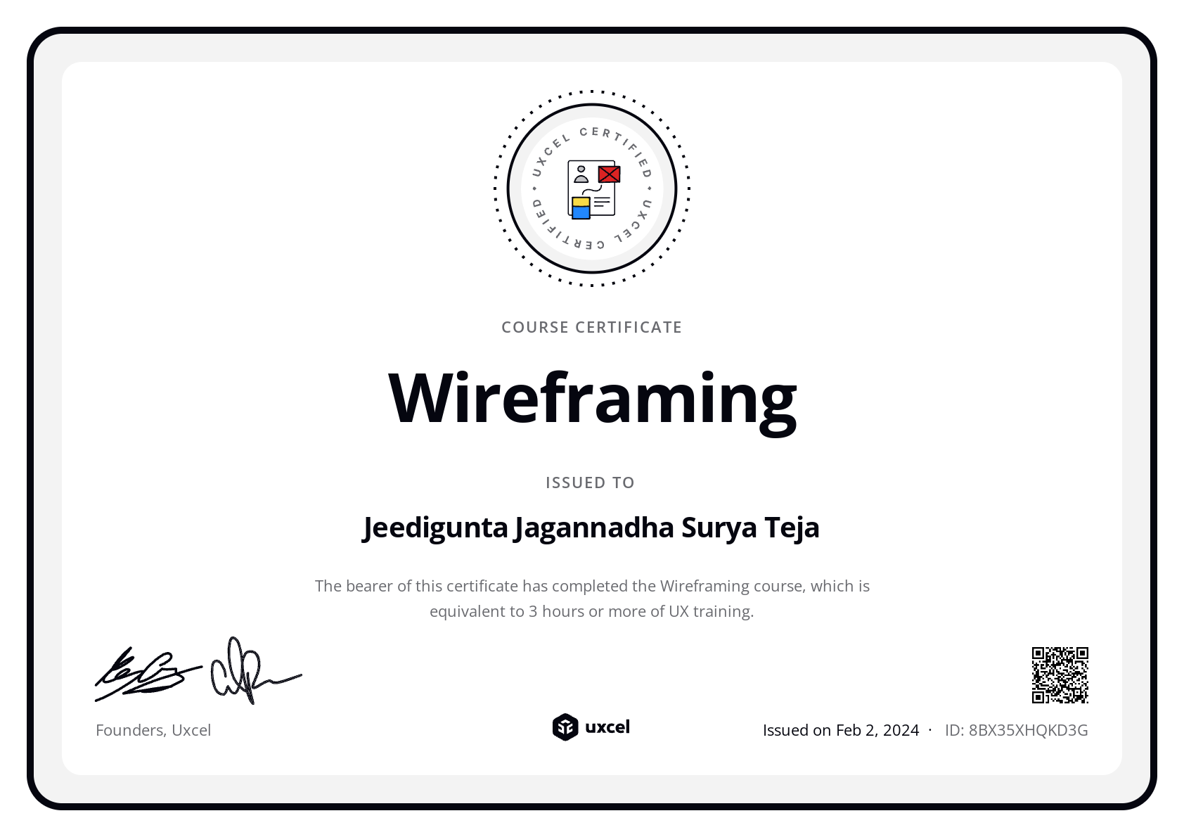 Jeedigunta Jagannadha Surya Teja's certificate